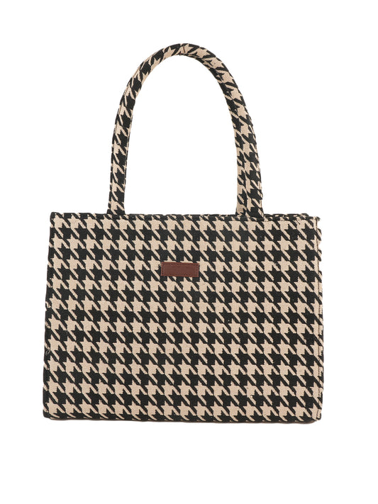 Classic Houndstooth Tote Bag for Women | Stylish Black & Beige Fabric Shoulder Bag | Office, Travel & Daily Use