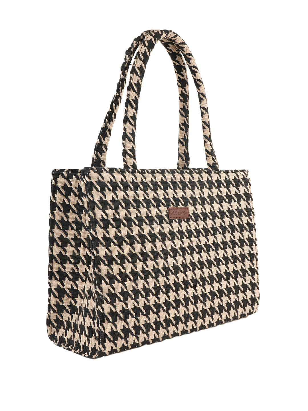 Classic Houndstooth Tote Bag for Women | Stylish Black & Beige Fabric Shoulder Bag | Office, Travel & Daily Use