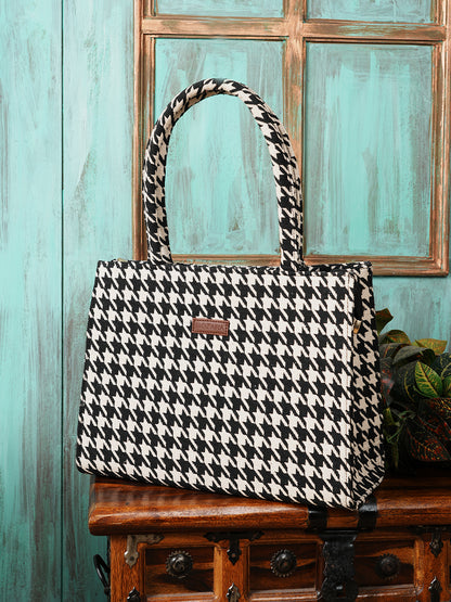 Classic Houndstooth Tote Bag for Women | Stylish Black & Beige Fabric Shoulder Bag | Office, Travel & Daily Use