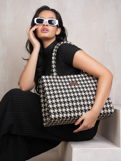 Classic Houndstooth Tote Bag for Women | Stylish Black & Beige Fabric Shoulder Bag | Office, Travel & Daily Use